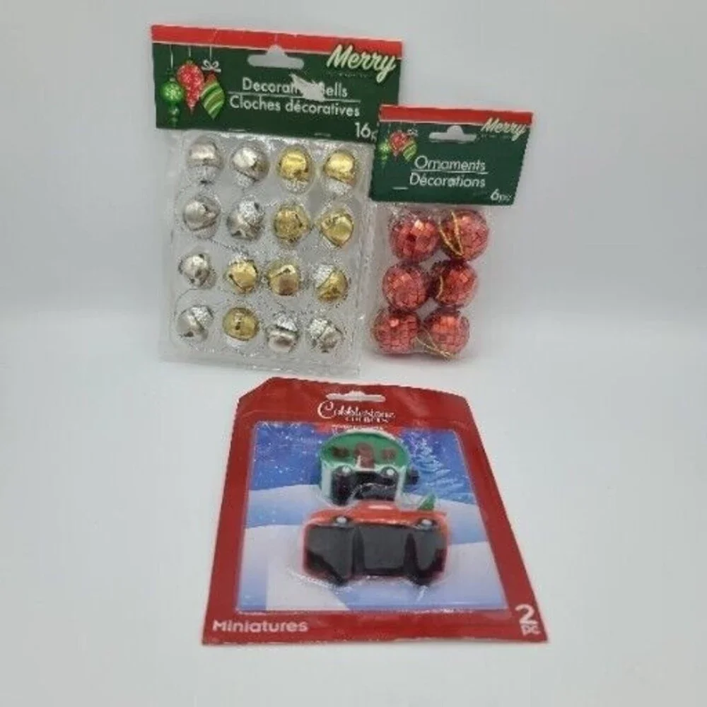 Christmas Tree Ornaments Decor Mini Metal Jingle Bells Mirror Balls Lot Of 3